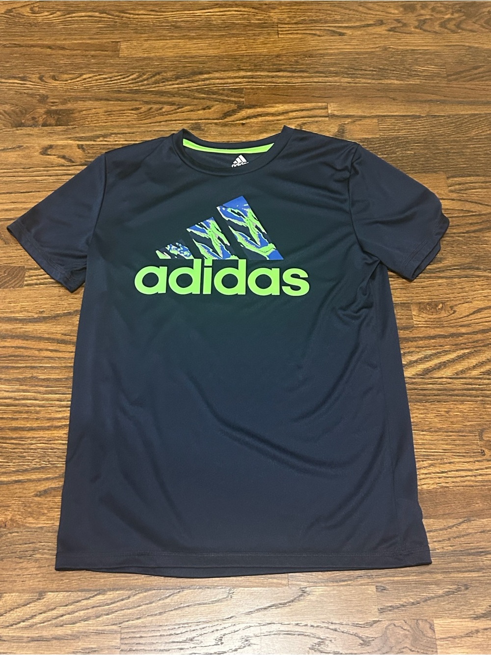 adidas Navy Tee with Lime Logo and Blue Patterned Stripes
